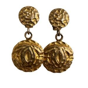 Vintage Chanel Clip-On Earrings Gold Hammered CC Logo Dangle Drop Made in France